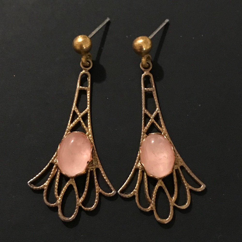 Vintage Gold Filigree & Rose Quartz Stud Earrings